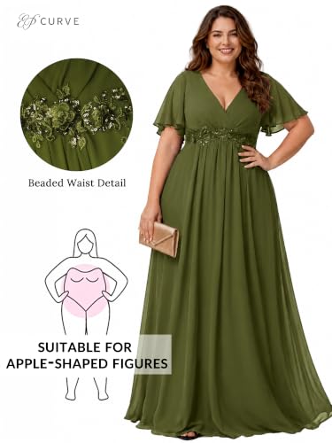 Image of Ever-Pretty Plus Women's Chiffon Plus Size Formal Mother of Bride Dresses | V-Neck, Short Sleeve, Applique, A-Line, Empire Waist, Plus Size Formal Wedding Guest Evening Dresses