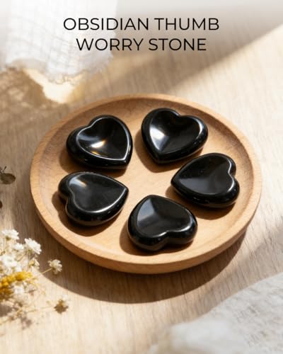 Image of Natural Black Obsidian Heart Worry Stone - Polished Thumb Pocket Stone for Anxiety & Stress Relief - Heart-Shaped Crystal for Reiki Healing, Meaningful Spiritual Gift for Women & Men