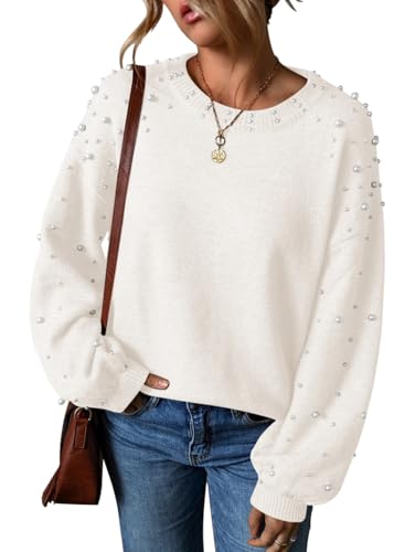 Pink Queen Pearl Sweater for Women 2025 Fashion Fall Winter Chunky Crewneck Lantern Sleeve Loose Knit Pullover Sweaters Top