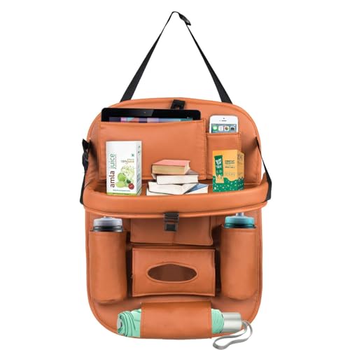 Image of Premium Car Backseat Organizer with Foldable Tray | Multi-Pocket Storage for Tablets, Phones, Bottles & Travel Essentials Seat Back Organizer (TAN)