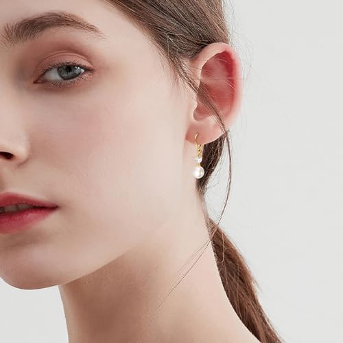 14K Solid Gold Freshwater Pearl Drop Leverback Earrings for Women - Cubic Zirconia Pearl Dangle Jewelry Gift (9MM)2