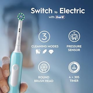 Oral-B Pro 1 Electric Toothbrushes Adults, Oral B Electric Toothbrush, With 3D Cleaning, 1 Toothbrush Head, Gum Pressure Control, 2 Pin UK Plug, Blue, Travel Electric Toothbrush