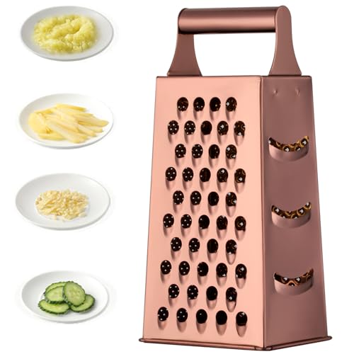 Large Cheese Grater Vegetable Slicer Stainless Steel with 4 Sides, 9.2 Inches Multifunctional Cutter Planing for Ginger, Garlic, Cucumbers, Carrots, Cheese, Potato, graters for Kitchen (Rose Gold)