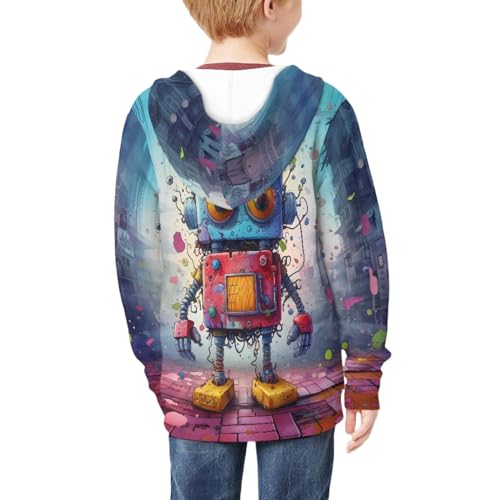 JooMeryer Teens Girls Boys Cartoon Robot Print Long Sleeve Casual Front Zip Up Hoodie 8-14Y3