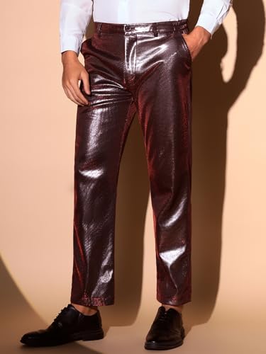 Lars Amadeus Metallic Pants for Men's Straight Leg Disco Shiny Faux Leather Trouser2