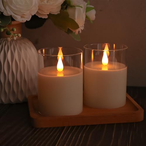 Image of TECHLONG Glass Flameless Candles with Remote Timer, 3D Moving Flame Flickering, Last 600+ Hours Battery Candles, Real Wax LED Votive Candle for Festival Wedding Home Party Decor, 3 inch x 4 inch