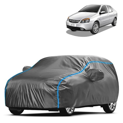 Image of Kerwa Car Body Cover Waterproof Compatible with TATA Indigo ECS | Scratch Proof, Anti-Dust, UV Protection | Windproof Buckle Strap | Fitted Bottom Elastic | Side Mirror Pockets-Grey