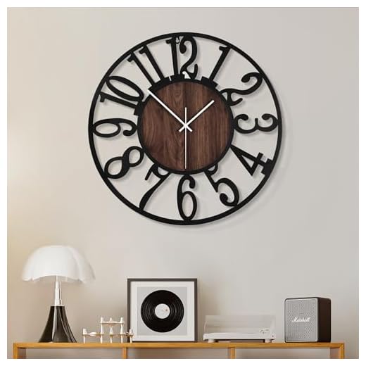 Wall Clock for Living Room Decor- Decorative Antique 16 inches or Larger Silent Non Ticking Black Metal Wood Clocks for Farmhouse,Dining Room,Bedroom,Kitchen,Home Battery Operated Clock Wall Decor