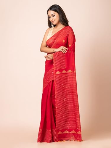 Image of Handloom Muslin Tissue Jamdani Cotton Silk Saree with Sequins Blouse