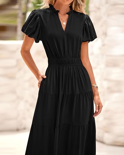 dowerme Womens Summer Dresses 2025 Casual Puff Sleeve V Neck Smocked Waist A-Line Tiered Maxi Prom Dress with Pockets4