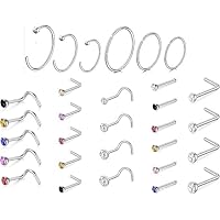 Trifletopia 30PCS Nose Studs - L-Shape Nose Rings with Cubic Zirconia - Surgical Stainless Steel Nose Piercing Jewelry for Women & Men - Gift Set (Multicolor)