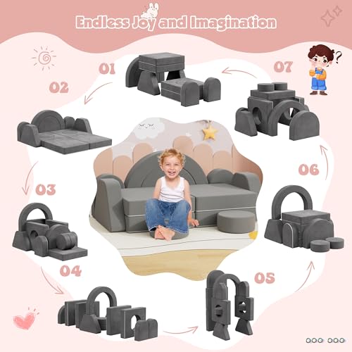 Image of HedoAjim 12 PCS Modular Kids Play Block Soft Child Couch Sofa Toddler Building Fortplay Climbing Bedroom Playroom Baby Convertible Floor Foam Cushion for Kids(Dark Gray-Double)