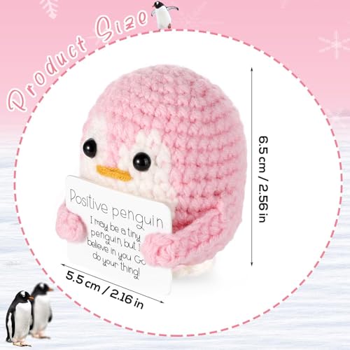 Image of Zibuyu Handmade Crochet Penguin Desk Decor with Positive Message Card Cute Motivational Crochet Toys Gift for Office Home Baby Nursery, Pink