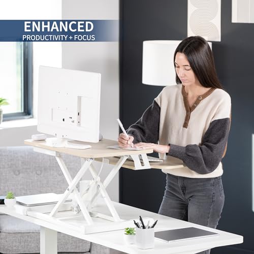 Image of VIVO 26 inch Desk Converter, K Series, Height Adjustable Sit to Stand Riser, Dual Monitor and Laptop Workstation with Keyboard Tray, Light Wood Top, White Frame, DESK-V026KF
