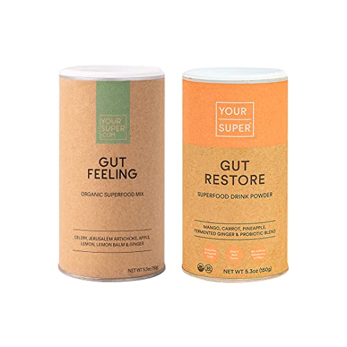 Your Super Gut Health Bundle - Prebiotic & Probiotic Superfood Powder Mixes - Healthy Microbiome, Digestive Enzymes - Plant Based, Vegan - 2 Pack Includes Gut Feeling & Gut Restore, 60 Servings