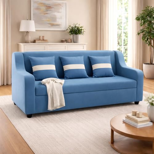 Image of KENDALWOOD Furniture 3 Seater Fabric Curve Handle Sofa for Living Room Furniture | 3 Seater Sofa | Sofa for Home & Office | Fabric Color:- Blue