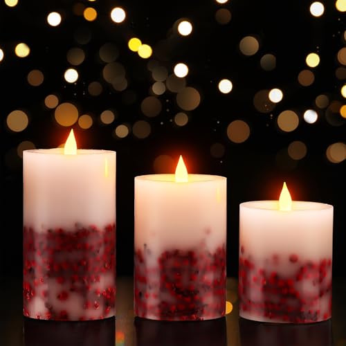 Image of Baquler 3 Pcs Christmas Flameless LED Candles Rowan Berries Embedded Real Wax Unscented Flicker Wick Pillar Candle Battery Operated Warm Light for Home Party Xmas Gift Decoration