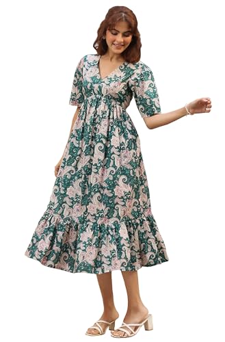 Image of Janasya Women's Pure Cotton Floral Printed Tiered Dress