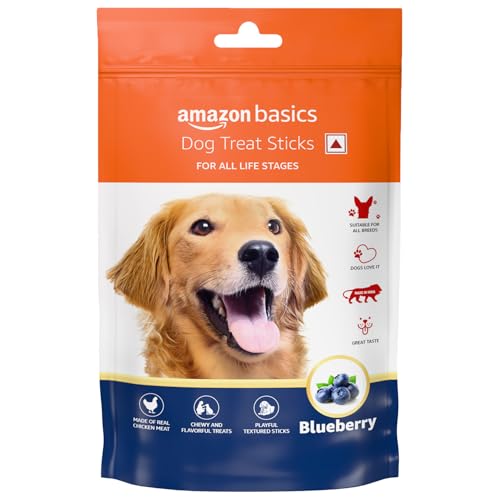 Image of Amazon Basics Dog Treat Sticks 140 gm, Chewy Meat Sticks for Adult Dogs and Puppies, High Protein Dog Treats for Training and Snacks, Made of Real Chicken Meat, Ziplock Pack, Blueberry Flavor