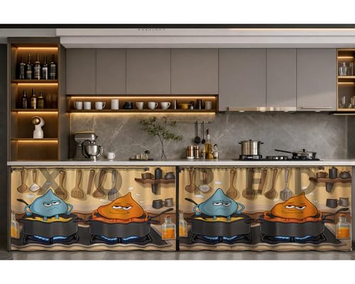 Image of Under Sink & Counter Curtain for Modular Kitchen - Printed Fabric Rod Pocket Hanging Skirt, Washable Under-Counter Cover, Pack of 2 Panels (Each Panel: 150 x 70 cm) (Golu Molu)