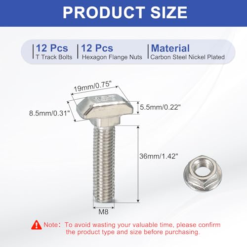 Image of PATIKIL M8 x 38 mm T-Slot Bolts, 12 Sets Drop-in Bolt Hammer Head with Hexagon Flange Nuts T-Bolt Stud Sliding Screw for 45 Series Aluminum Extrusion Profile, Silver