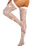 RSLOVE Fishnet Stockings for Women Thigh High Tights Rhinestone Sparkle Fishnets with Bow Lingerie Stockings White One Size
