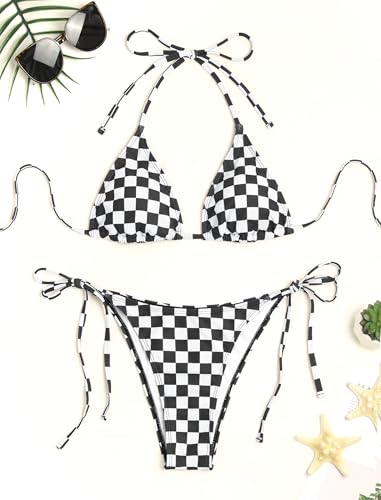 Image of ZAFUL Womens Printed Triangle Bikinis 2 Piece Halter Bikini Sets High Cut Bathing Suit Side Tie Swimsuits