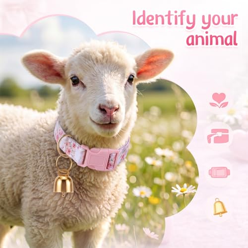 Image of Goat Collar with Bell, Sheep Grazing Copper Bells and Adjustable Nylon Collar Set Loud Bronze Bell for Summer Small Farm Animal Sheep Cow Dog Accessories Gift(Pink Flower)