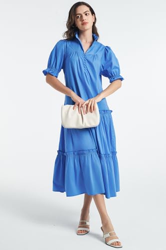 Image of D-Sun Women Casual Button Down Maxi Dress Short Puff Sleeves Stand Collar Tiered Elegant Flowy Swing Long Dress with Tie
