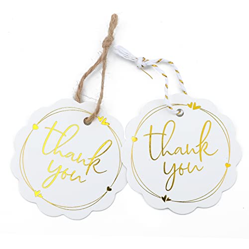 Joycraft 100Pcs Thank You Gift Tags With String, Scalloped Round White Paper Gift Wrap Hang Tags，Personalized Gift Tags For Wedding, Baby Shower, Party Favors(2.36"） #TOP1