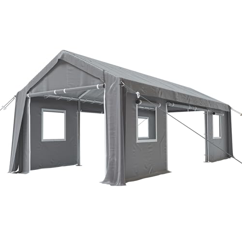 Image of 10x20FT Heavy Duty Carport Canopy 4 Roll-Up Doors & 4 Windows Portable Garage All-Season Outdoor Storage Shed for Car Truck Boat Shelter Party Tent, Gray