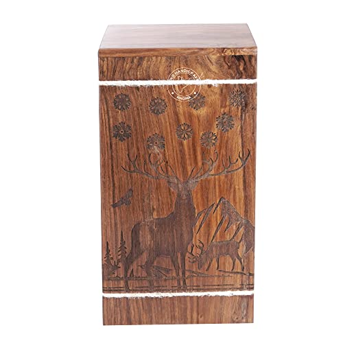 Image of Handcrafted Floral Engraved Wooden Urns for Human Ashes Adult Large - Buck Deer Cremation Urn for Ashes - Burial Urn for Columbarium - Funeral Urn Box (250 LB - Rosewood, Design-2)