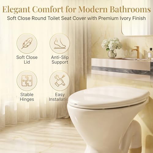 Image of Elegant Casa Polypropylene Soft Close Toilet Seat Cover Round | Western Commode Lid for Bathroom & Toilet | Stable Hinges, Anti-Slip, Durable Hygienic Seat | Off-White Ivory | Easy Installation 1 Set