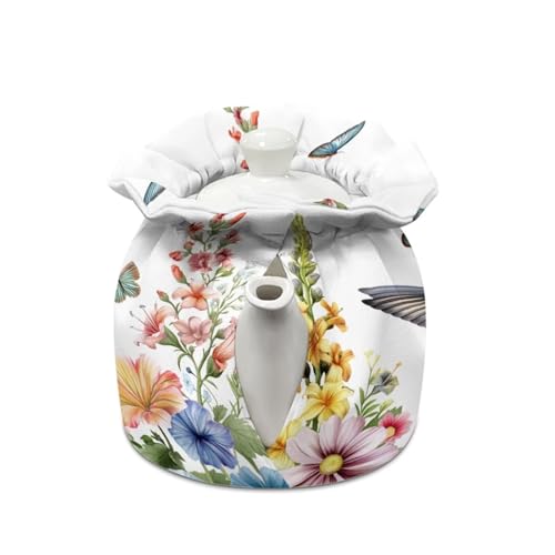 Image of Hummingbird Butterfly Tea Cosy, Scratches-Proof Insulated Kitchen Teapot Dust Cover with Drawstring, Tea Pot Cozy Breakfast Warmer for Home Kitchen Table Decoration