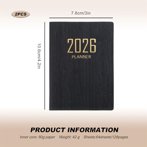 Eteamcan Pocket Diary 2026 Small A7 Pocket Size Diaries Week to View 2026 Slim Diary Agenda Planner A7 Mini Calendar Book 2 Pack