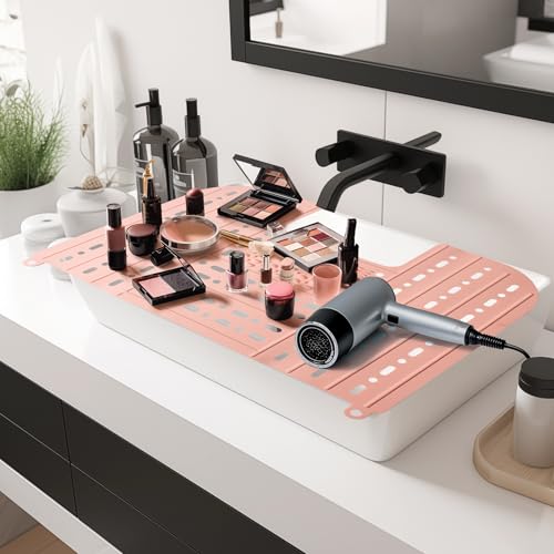 IeBilif Sink Cover for Counter Space, Foldable Bathroom Sink Covers with Hanging Loop, Makeup Organizer Mat Space Saver, Silicone Makeup Brush Cleaner