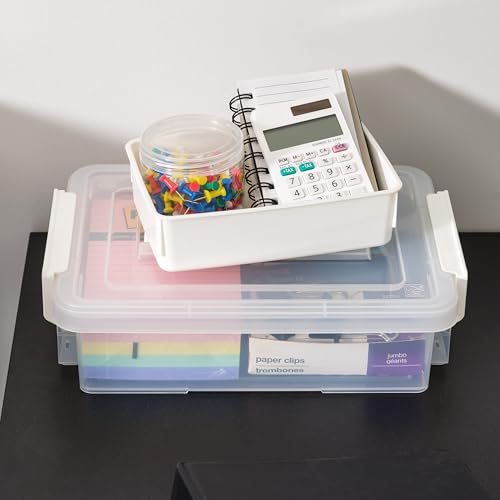 Image of IRIS USA 1 Qt. Plastic Storage Bins with Lids, 4 Pack, Craft Storage Container, Sensory Bin, Organizing Containers for Home, Office & Art Supplies, Stackable, White