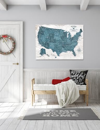 Image of IPIC - Large Vintage Teal USA Map Wall Art, Push Pin USA Map to Track Your Travels, Farmhouse Style Canvas Wall Decor for Home, Office, Living Room or RV, Ready to Hang, Made in USA