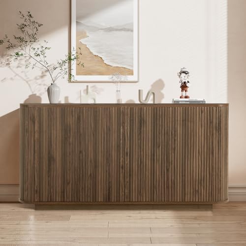 64" Sideboard Buffet Cabinet with Storage, Modern Fluted Accent Credenza with Adjustable Shelves, Wood Media Console Coffee Bar Table for Living Room Kitchen Dining Room, 31.5" H, Walnut - Image 4
