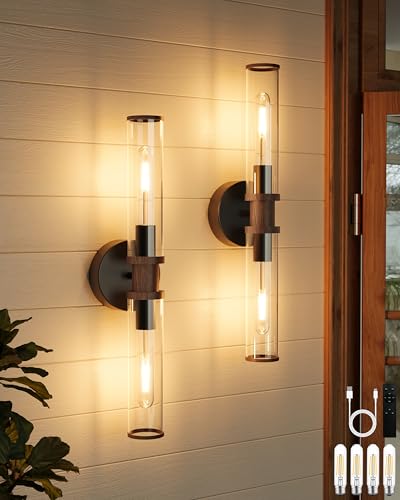 Image of Rayogale Black & Walnut Wireless Battery Operated Wall Sconces with Remote | Glass Rechargeable Wall Lights Set of 2 with Timer Function Dimmable for Living Room Bedroom Emergency 3000K, 20.5 Inch
