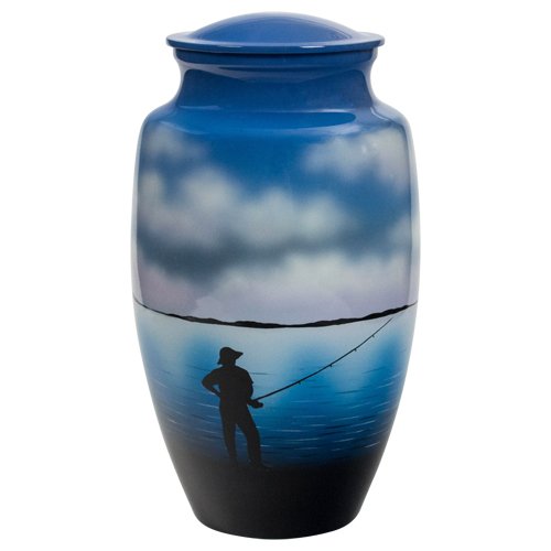 Fishing Cremation Urn for Ashes, Aluminum, Blue Urn, Adult Sized Cremation Urn, 10 Inches High