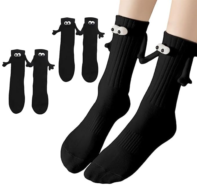 Oneastern2 Pairs Socks with Magnetic Hands of Couple | 3D Doll Couple Holding Hands Socks | Mid Tube Cute Socks with Eyes