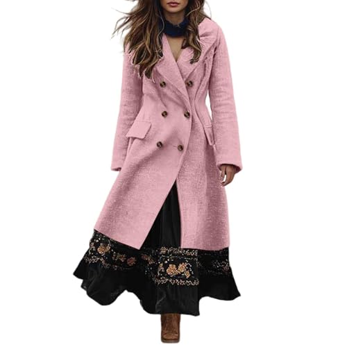 Manteau d'hiver à revers trench coat long en tweed pour femme, veste thermique unie