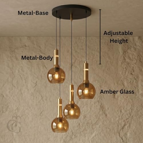 Image of Set of 4-Heads Bowl-Shaped Glass Hanging Pendant Light|Modern Bowl Cluster Ceiling Lamp with Metal Base|Amber-Glass for Living Room, Dining & Cafe