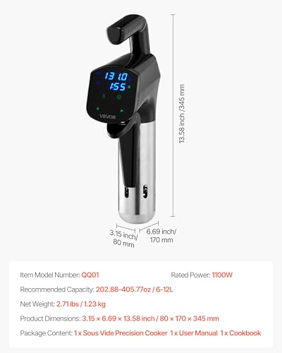 Image of VEVOR Sous Vide Precision Cooker, 1100W Sous-Vide Cooking Machine, Immersion Circulator with LED Digital Display, Secure Clamp Design, Temperature & Timer Control, Professional Sous Vide Cooker