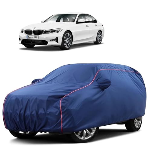 Image of Sulfar 100% Water Resistant Car Body Cover Compatible with Mirror for BMW 3 Series (Triple Stitched, Full Bottom Elastic, Blue Taffeta with Red Piping)