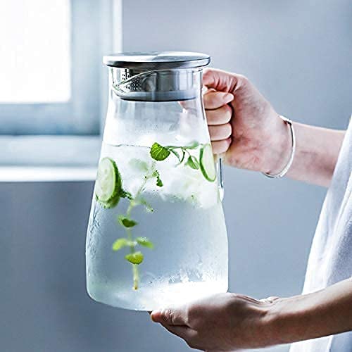 Amishaine Transparent Glass jug Pitcher with Stainless Steel lid and Handle 1 Piece 1.8 Liter Capacity for Serving Water Beverages iced Tea juices Cocktails and Milk at Home Kitchen or Dining Table 1