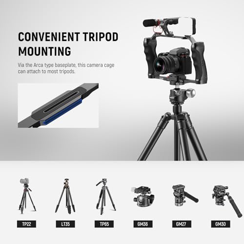 Image of NEEWER Video Camera Cage Rig with Arca Type Quick Release Plate, Double Handles, 3 /8 inch ARRI 1 /4 inch Threads, Cold Shoes, Universal Camera Stabilizer, Compatible with SmallRig NEEWER Base Plate, CA077