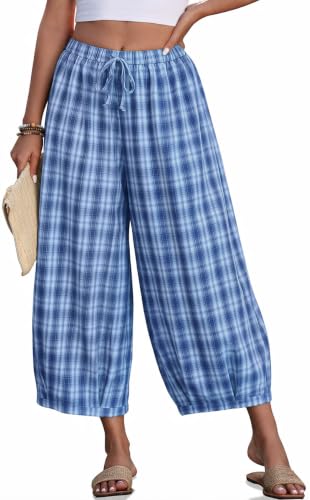 Image of TARSE Women's Plaid Cotton Linen Wide Leg Pants with Pockets