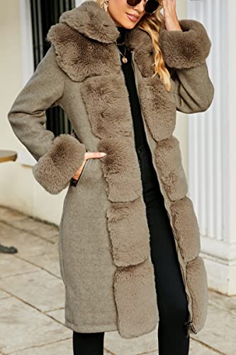 Giolshon Damen-Jacke mit Pelzfutter aus Wollmischung, Kapuze und Pelzkragen verdickter langer Trenchcoat mit Gürtel 244A Khaki XL